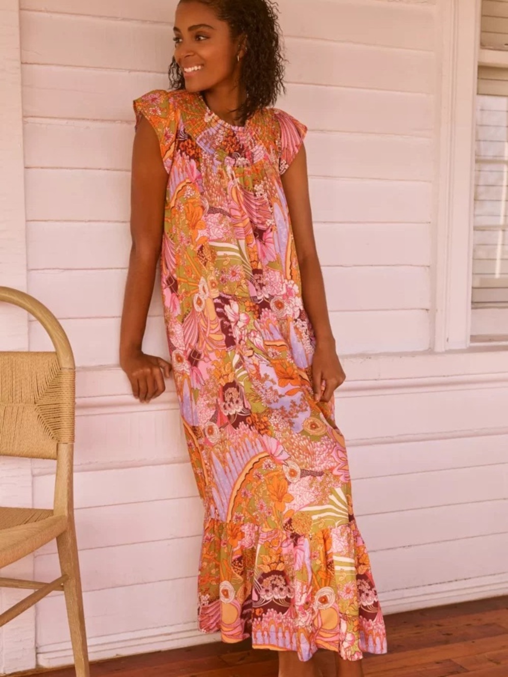 Anthropologie Boho Floral Pink & Orange Maxi Dress